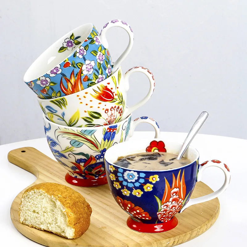 Coffee Tea And Cocoa - Renkli Çiçek Seramik Kahvaltı Kahve Kupa